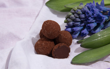 Homemade chocolate truffles . Handmade sweets.