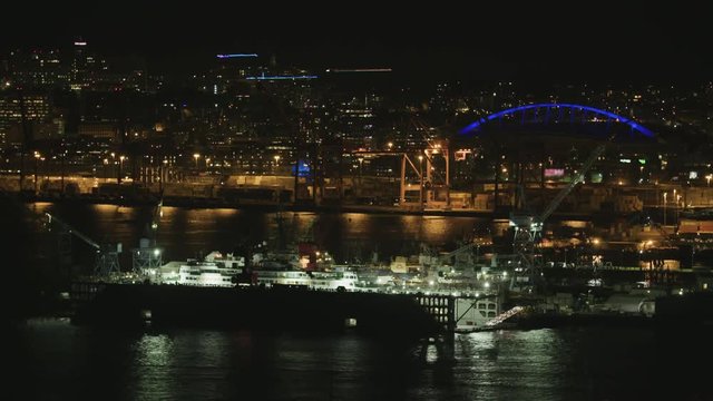 Port of Seattle Ship Repair Cranes Downtown Skyline Cityscape Night Background