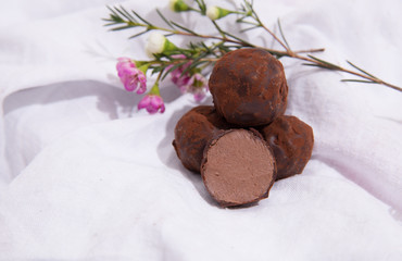 Homemade chocolate truffles . Handmade sweets.