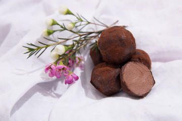Homemade chocolate truffles . Handmade sweets.