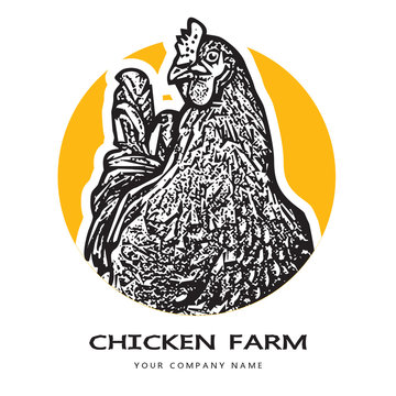 Portrait of a hen head. 
Black and white illustration. Realistic vector image of poultry chicken as a design element for logo, icon, template, label.