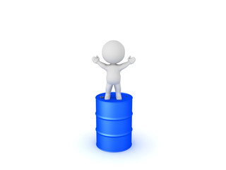 3D Character with arms raised standing on top of blue oil barrel