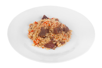 Pilaf, rice with meat, beef, lamb, with onion and carrots, serving on plate, Appetizing, juicy on white isolated background side view. For the menu, restaurant, bar, cafe