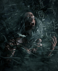3d illustration portrait of scary ghost woman in woods vine,Horror image,Ghost image concept and ideas - 200393474
