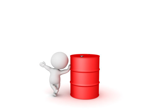 3D Character waving and leaning on a red oil drum