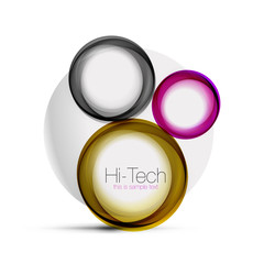 Circle web layout - digital techno spheres - web banner, button or icon with text. Glossy swirl color abstract circle design, hi-tech futuristic symbol with color rings and grey metallic element