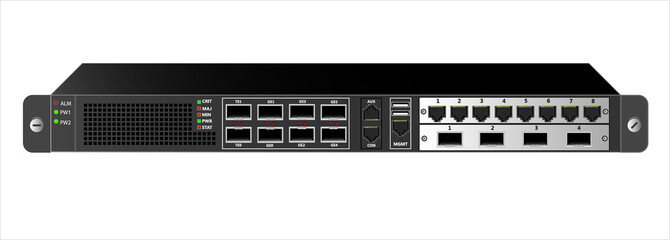 Routing IP traffic for mounting with a 19 inch rack in black. Two additional modules with RG-45 connectors and optical SFP modules. Vector illustration.