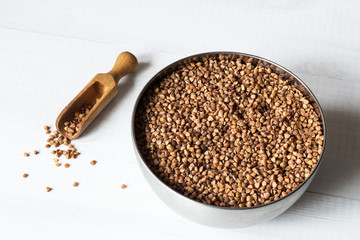 roasted buckwheat in metal bowl