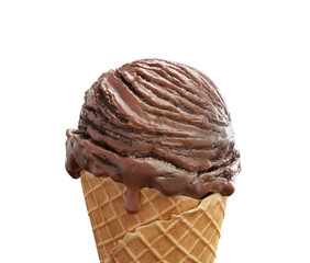 Close-up delicious chocolate ice cream in waffle cone isolated on white background. 3D illustration