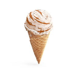 Highly detailed delicious vanilla ice cream with chocolate crumbs and apricot jam in waffle cone isolated on white background. 3D illustration