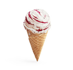 Highly detailed delicious vanilla ice cream with chocolate crumbs and raspberry jam in waffle cone isolated on white background. 3D illustration