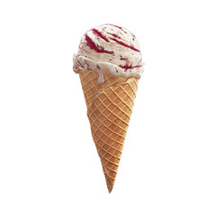 Highly detailed delicious vanilla ice cream with chocolate crumbs and raspberry jam in waffle cone isolated on white background. 3D illustration