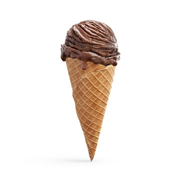 Delicious chocolate ice cream in waffle cone isolated on white background. 3D illustration