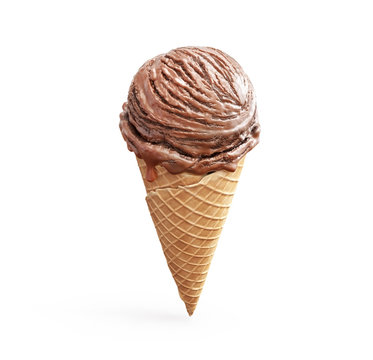 Delicious chocolate ice cream in waffle cone isolated on white background. 3D illustration