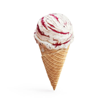 Highly detailed delicious vanilla ice cream with chocolate crumbs and raspberry jam in waffle cone isolated on white background. 3D illustration