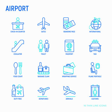 Airport thin line icons set: check-in counter, gates, boarding pass, escalator, toilet, food court, baggage claim, wrapping service, duty free, departures, arrivals, customs. Vector illustration.