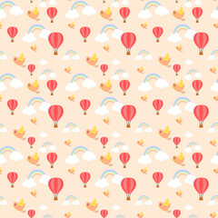 Seamless pattern vector of cute bird and colorful hot air balloon on pastel sky.