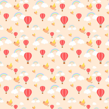 Seamless pattern vector of cute bird and colorful hot air balloon on pastel sky.