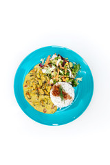 Mussels with curry sauce Rice and salad