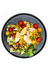 Fresh salad - Delicious fresh salad with tomatoes, lettuce, eggplant, zucchini, cheese, parma ham and olive oil.