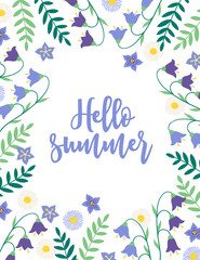 Summer greeting card with chamomile, bellflower and leaves. Floral frame