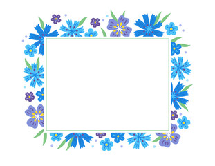 Summer greeting card with cornflowers, leaves and rectangle blank label