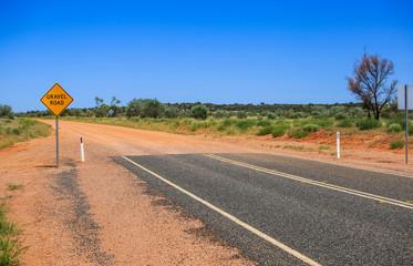 Yellow sign gravel road. Caution the end of a good road. Ended asphalt, the beginning of off road...