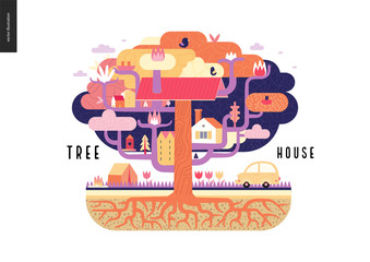 Tree house concept - a tree with houses, birds, nest, flowers and birdhouse on it, a car and tent with bonfire under it, and ground cut with soil layers and trees roots - summer camp vacation concept