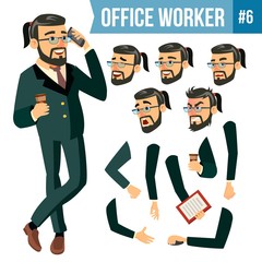 Office Worker Vector. Face Emotions, Various Gestures. Animation Creation Set. Businessman Worker. Happy Job. Partner, Clerk, Servant, Employee. Isolated Flat Cartoon Illustration