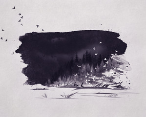 watercolor image of forest and flying black and white birds