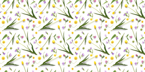 Seamless pattern from plants, yellow tulips, wild flowers, isolated on white background, flat lay, top view. The concept of summer, spring, Mother's Day, March 8. 