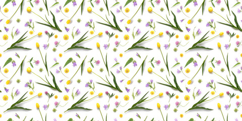 Seamless pattern from plants, yellow tulips, wild flowers, isolated on white background, flat lay, top view. The concept of summer, spring, Mother's Day, March 8. 