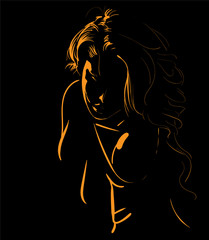 Beautiful girl face silhouette in backlight. Illustration.