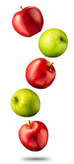 Falling red and green apples isolated on white background with clipping path and shiny reflections