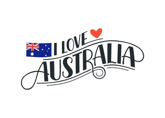 Fototapeta premium Hand drawn lettering about Austarlia isolated on white background. Vector illustration. I Love Australia decorative text with heart and flag for poster design.