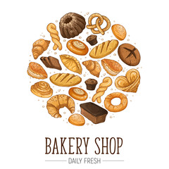 Circle shape composition from hand drawn bread in sketch style. Vector illustration for bakery shops isolated on white background. Fresh bread poster concept.