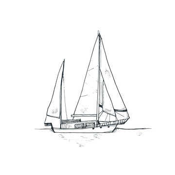 Hand drawn yacht in sketch style isolated on white background. Vector illustration.