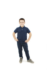 Photo of adorable young happy boy looking at camera.Isolated on white background  
