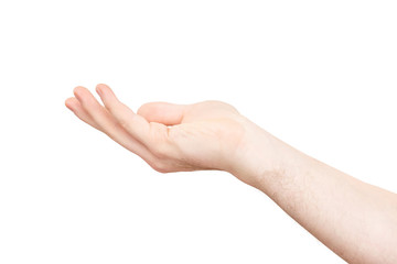 Closeup empty male hand making holding gesture with opened palm isolated at white background.