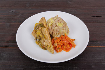 Tempeh with leek and mash on a table