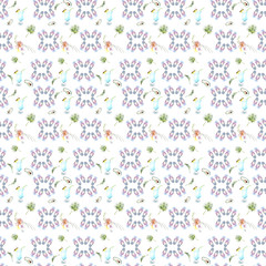 summer seamless pattern of watercolor illustrations flip-flops cocktails and tropical greens on a white background