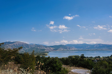 Panoramic view from mountain on the Kastoria town and neighborhood Orestias lake. Greece