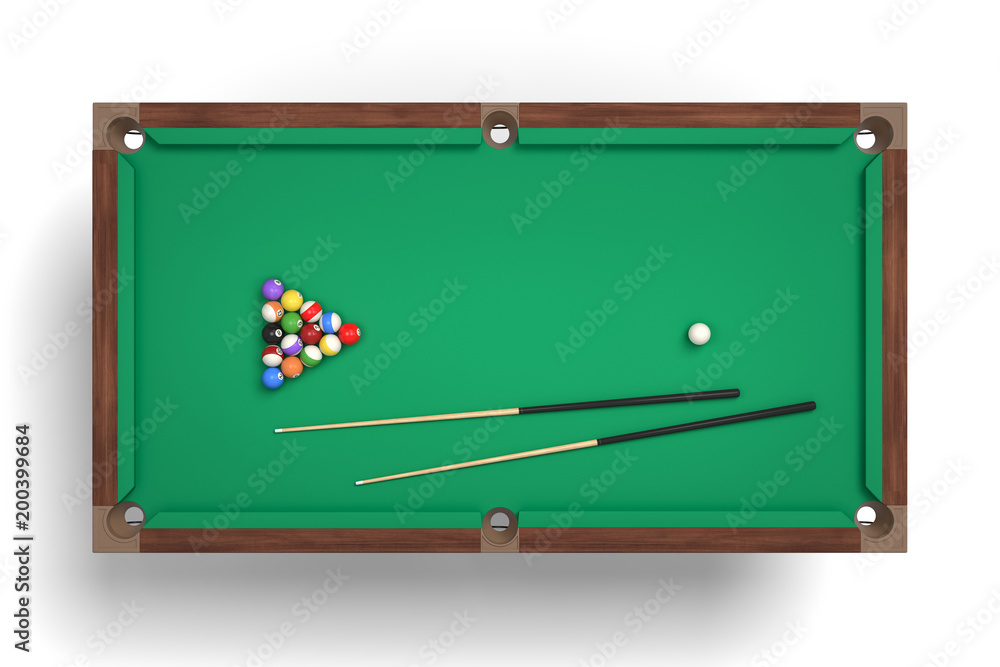 Poster 3d rendering of an isolated billiard table in a top view with a full set of sticks and balls in its 