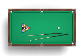 3d rendering of an isolated billiard table in a top view with a full set of sticks and balls in its surface.