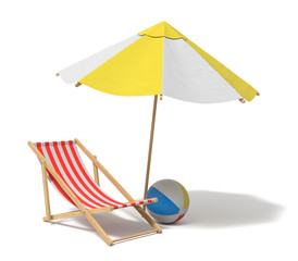 3d rendering of a white and yellow beach umbrella and wooden deck chair.