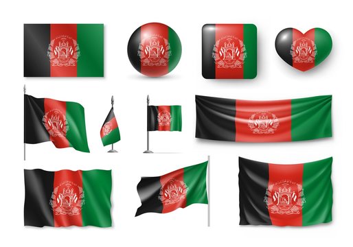 Set Afghanistan flags, banners, banners, symbols, flat icon. Vector illustration of collection of national symbols on various objects and state signs