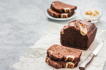 Carrot banana bread on light concrete background. Selective focus ,space for text.
