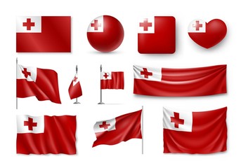 Set Tonga realistic flags, banners, banners, symbols, icon. Vector illustration of collection of national symbols on various objects and state signs - Powered by Adobe
