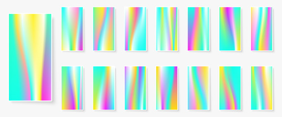 Holographic background. Multicolor texture. Hologram glitch. Smooth blur. Smartphone wallpapers bundle. Trendy vector backdrops for gadget. Phone screen vibrant textures.