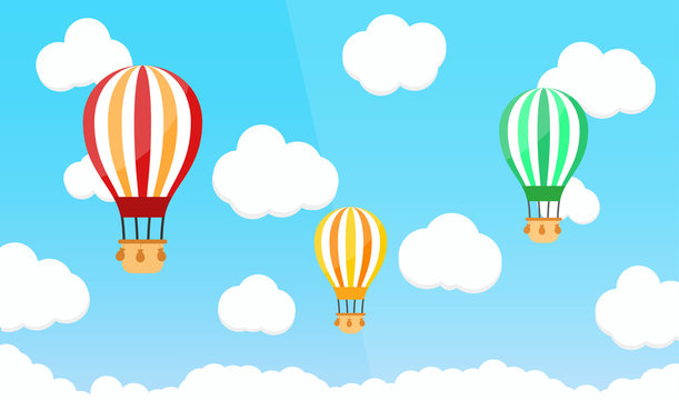 Hot air ballon on blue sky with cloud. Flat vector illystration.